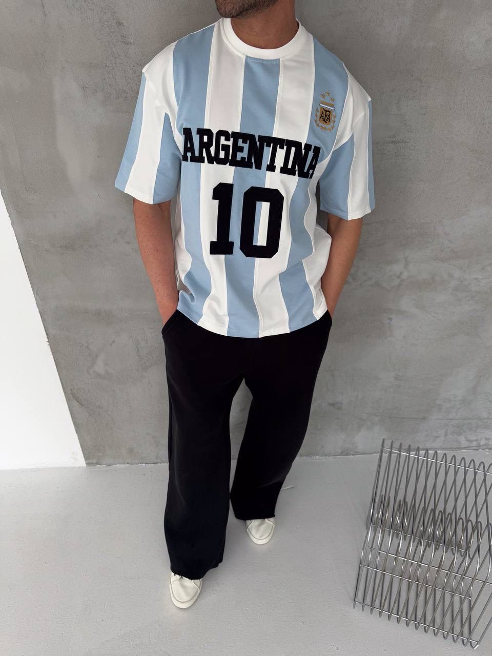 Argentina 10 Oversized Striped Jersey Tee – Sky Blue/White