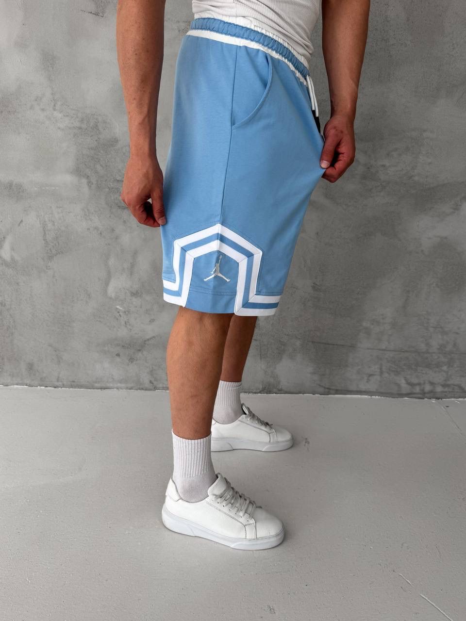 Sky Blue Basketball Shorts – White Geometric Trim