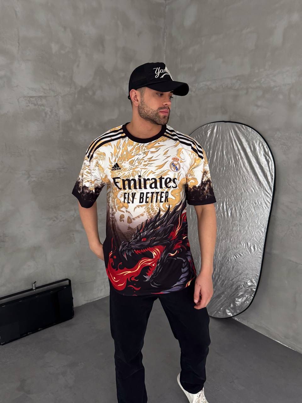 RM-Inspired Dragon Graphic Oversized Jersey Tee – White/Gold
