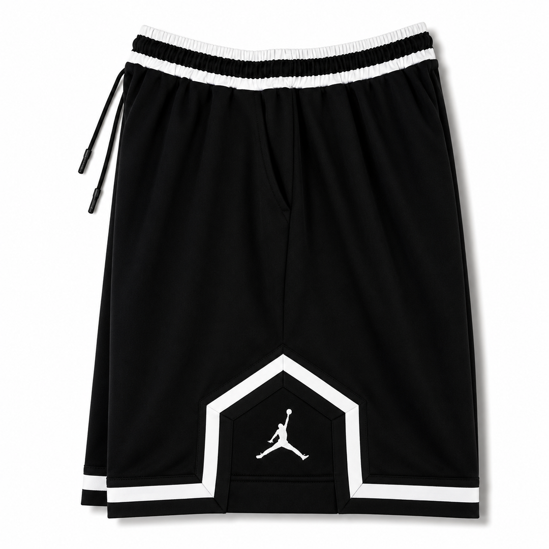Black Basketball Shorts – White Geometric Trim