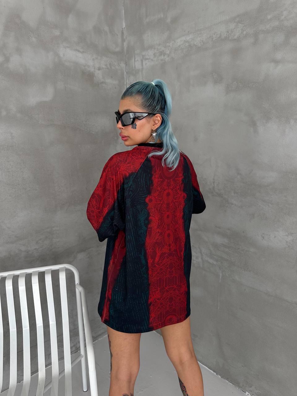 BRC Inspired Oversized Geo Print Jersey Tee Red Teal Gold
