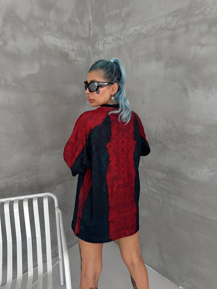 BRC Inspired Oversized Geo Print Jersey Tee Red Teal Gold