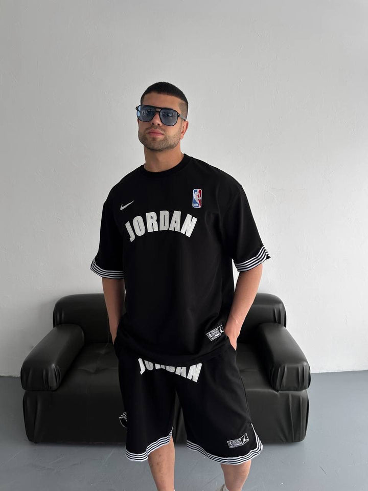 Black Basketball Jersey Tee &amp; Shorts Set – White Stripe Trim