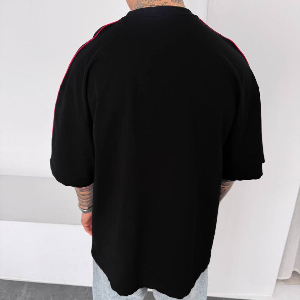 Men’s Oversized Black  T-Shirt with Grey Panels and Red Piping