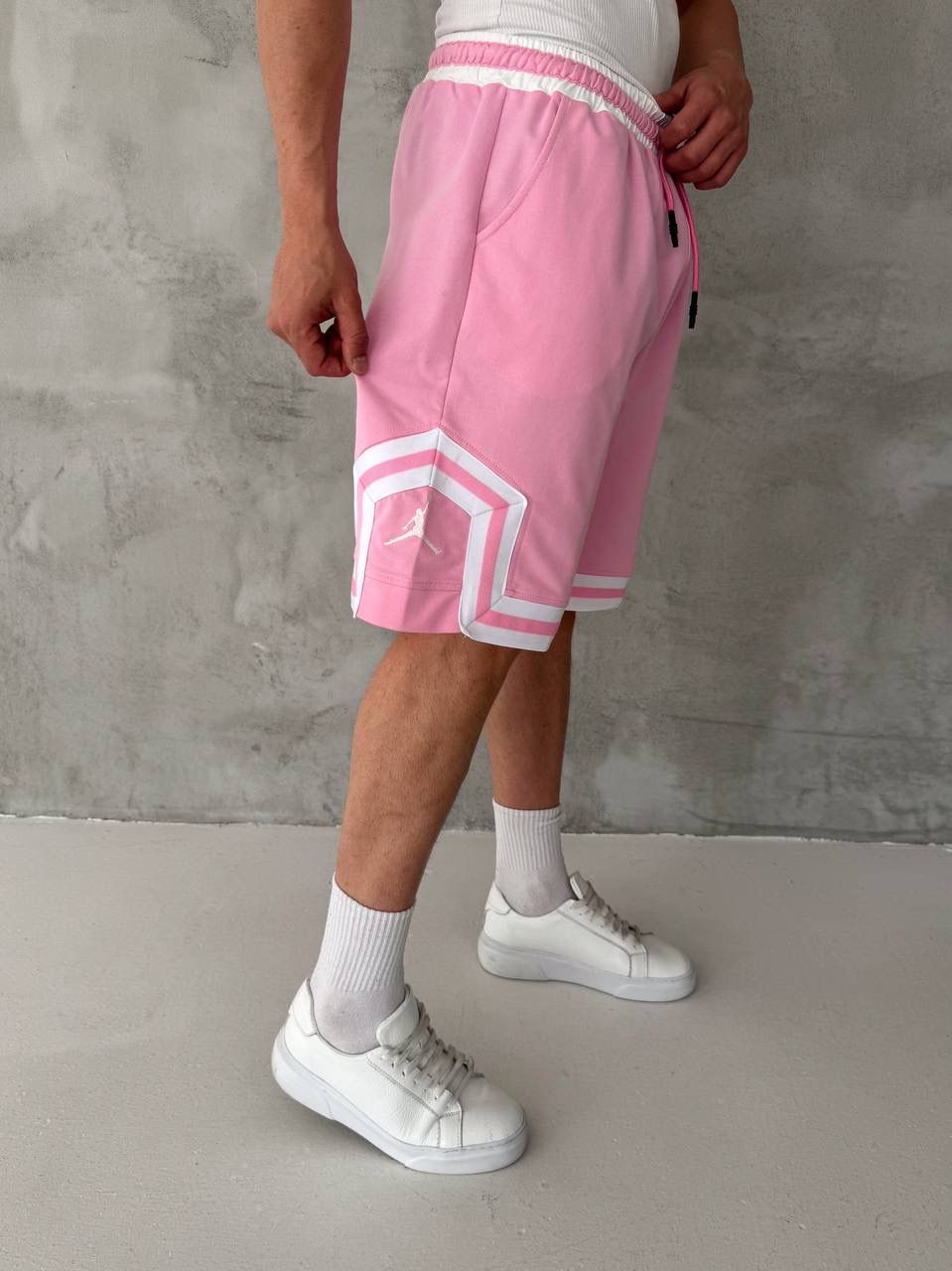 Pink Basketball Shorts – White Geometric Trim