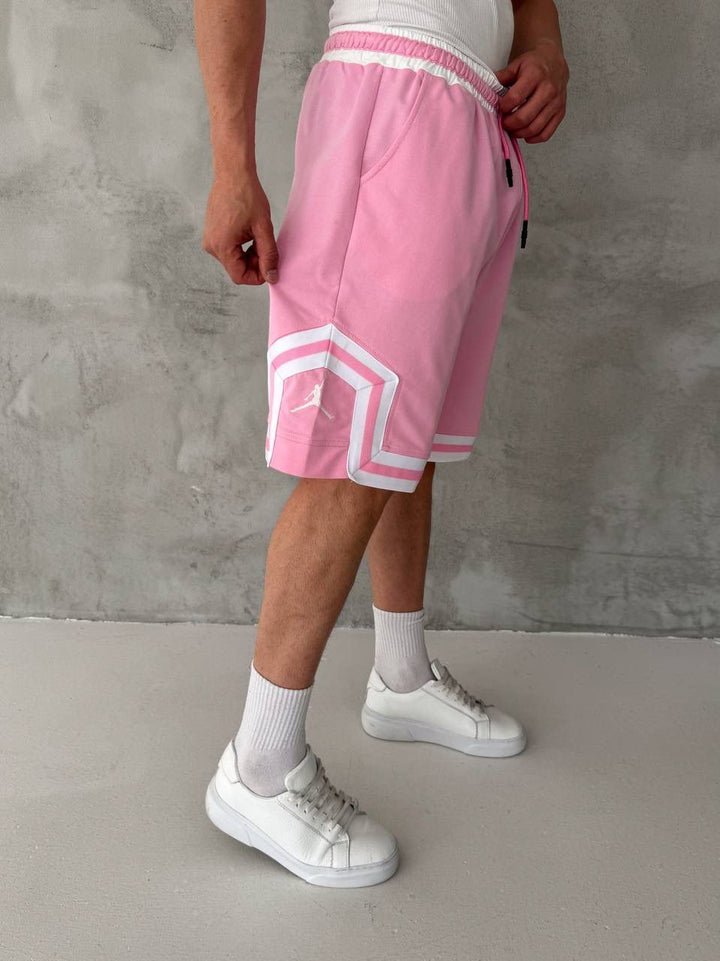 Pink Basketball Shorts – White Geometric Trim