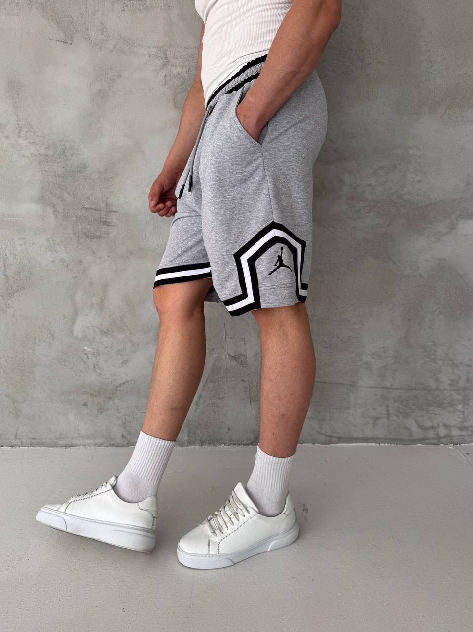 Heather Grey Basketball Shorts – Black/White Geometric Trim