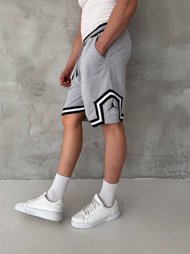 Heather Grey Basketball Shorts – Black/White Geometric Trim