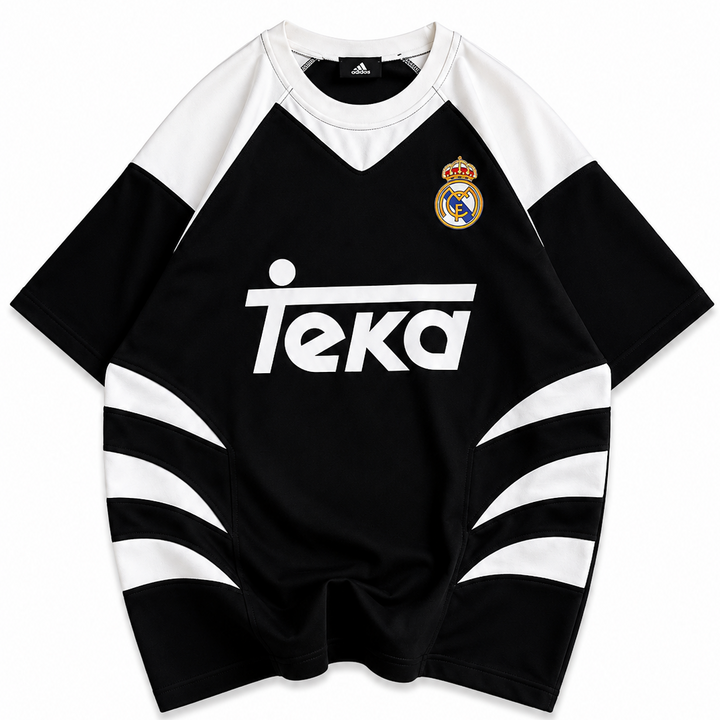 RM-Inspired Retro Football Jersey Tee – Black/White
