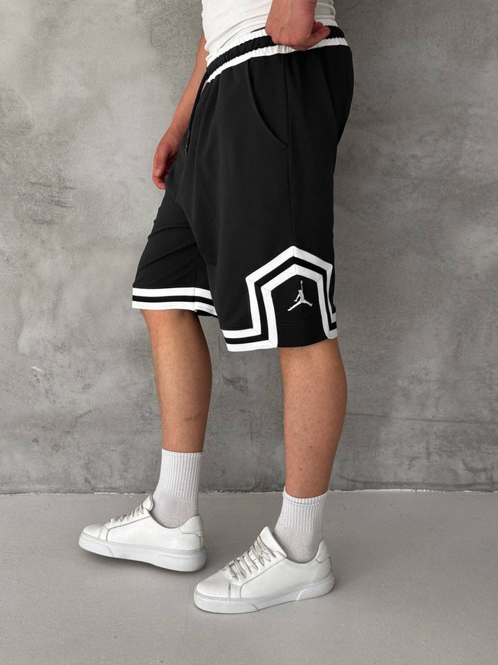 Black Basketball Shorts – White Geometric Trim