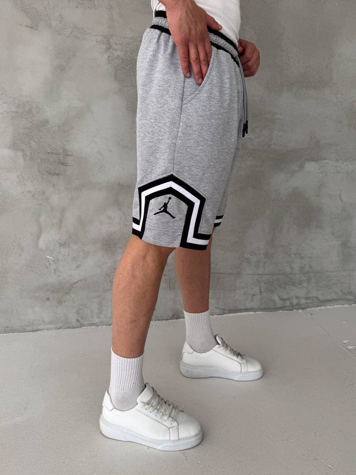 Heather Grey Basketball Shorts – Black/White Geometric Trim