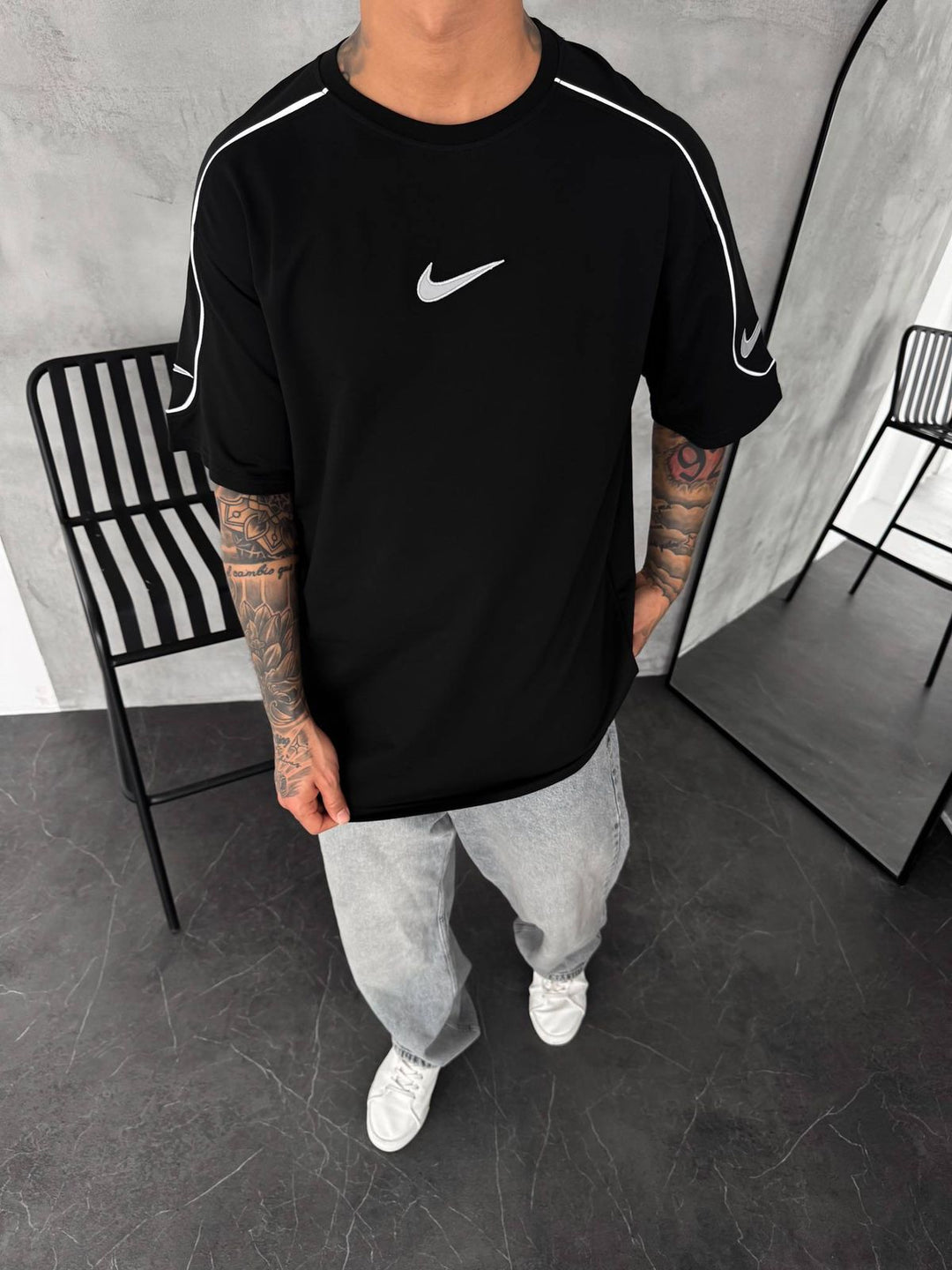 Men’s  Oversized Black T-Shirt with White Piping