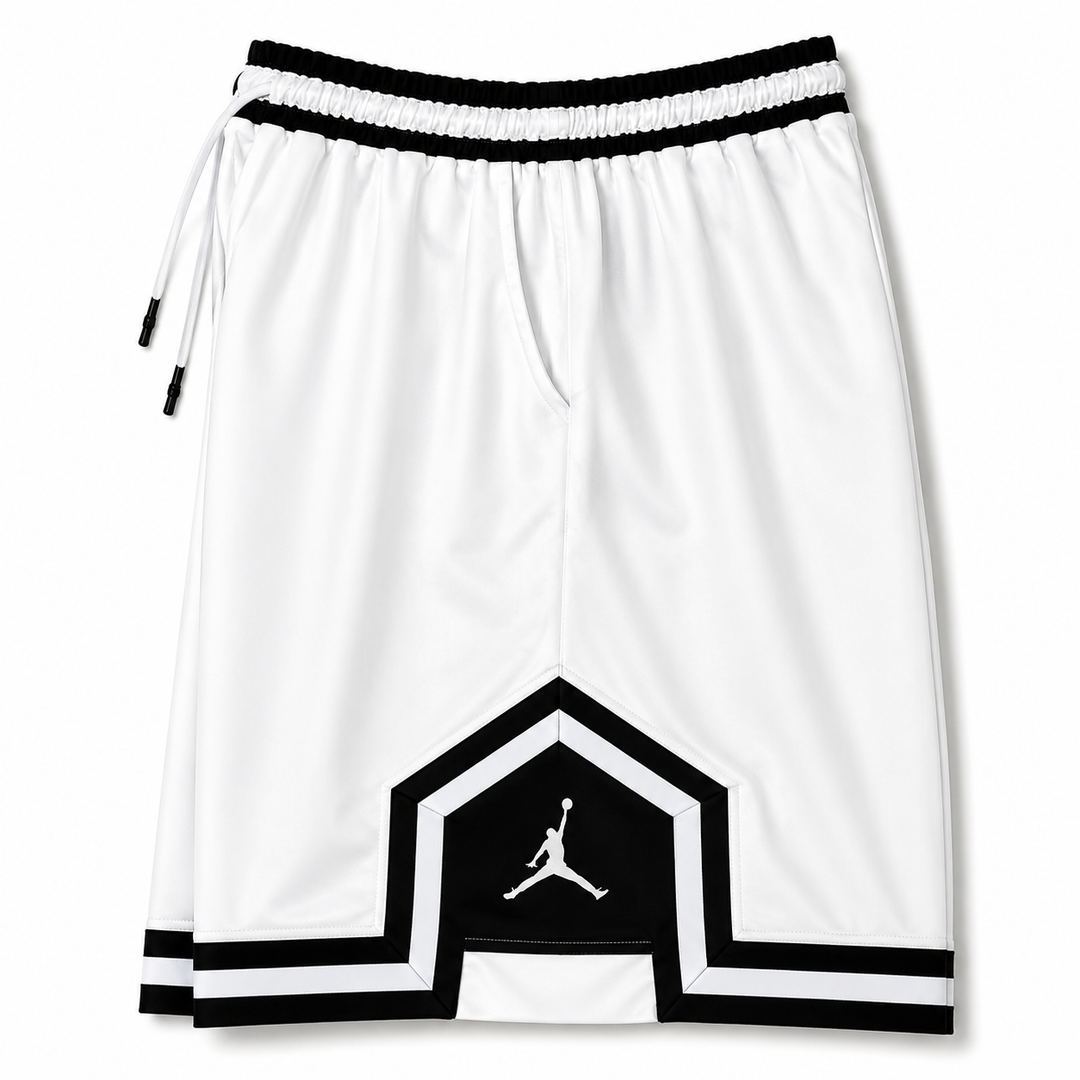White Basketball Shorts – Black Geometric Trim
