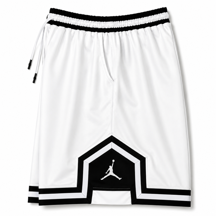 White Basketball Shorts – Black Geometric Trim