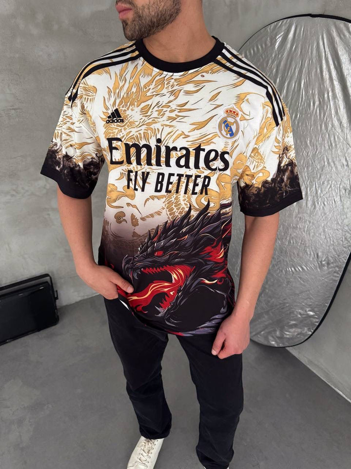 RM-Inspired Dragon Graphic Oversized Jersey Tee – White/Gold