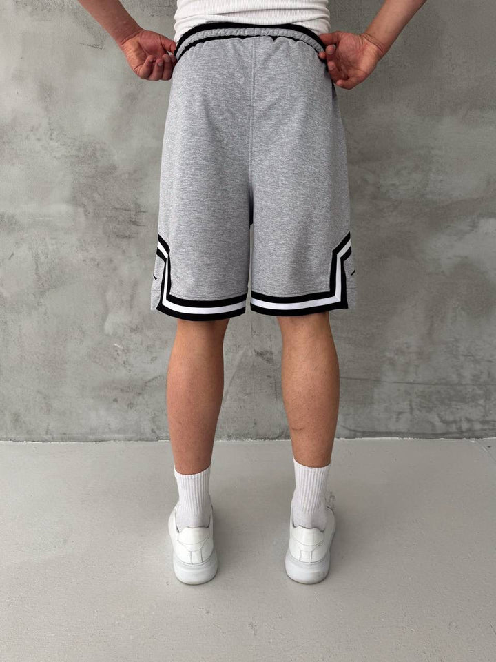 Heather Grey Basketball Shorts – Black/White Geometric Trim