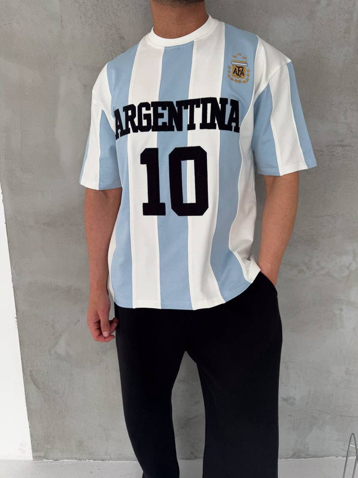 Argentina 10 Oversized Striped Jersey Tee – Sky Blue/White