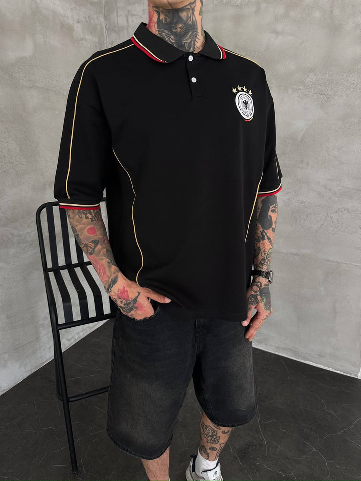 Men’s Germany-Inspired Retro Football Polo Shirt – Black/Gold