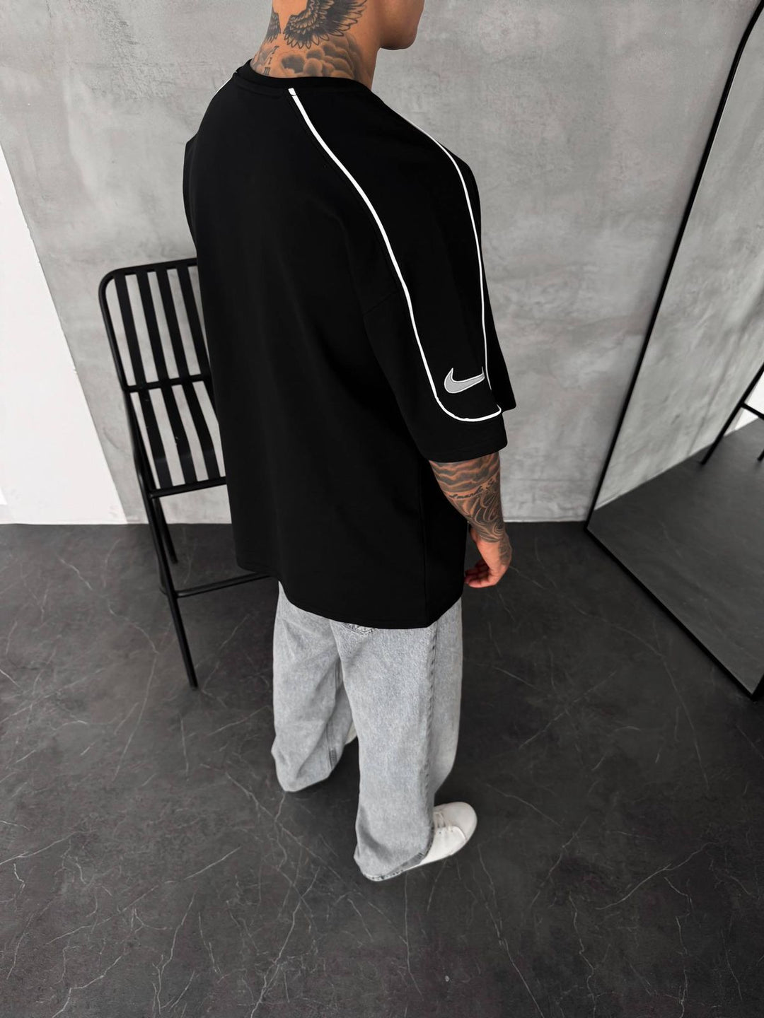 Men’s  Oversized Black T-Shirt with White Piping