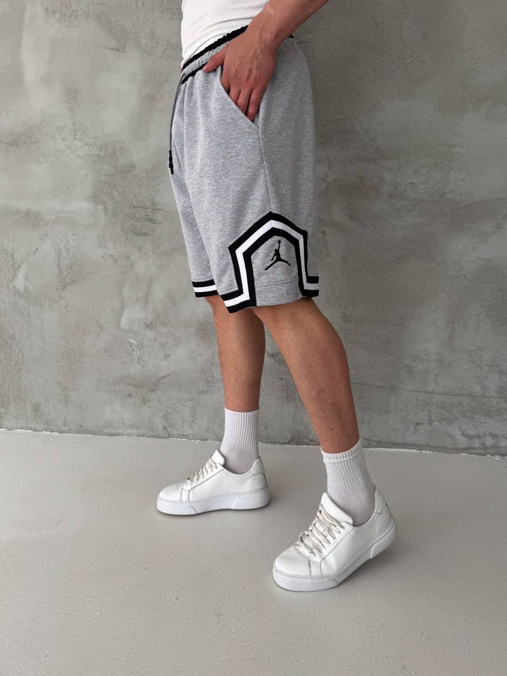 Heather Grey Basketball Shorts – Black/White Geometric Trim