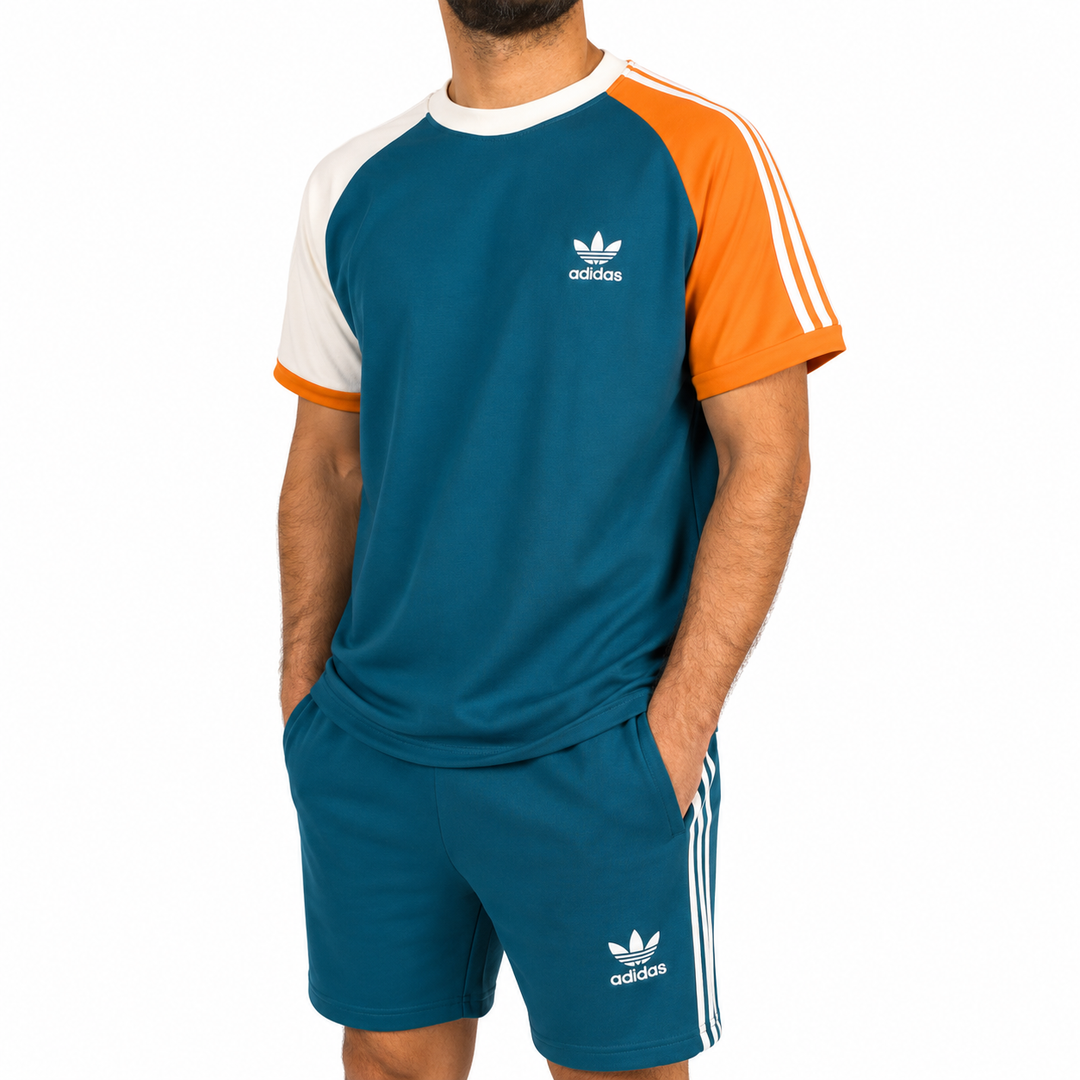 Men’s Colorblock Raglan T-Shirt &amp; Shorts Set – Teal/Orange/White
