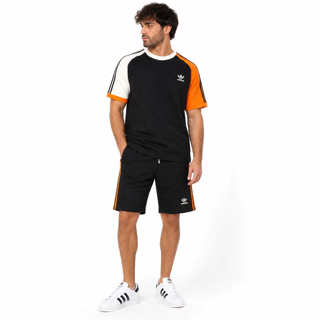 Men’s Colorblock Raglan T-Shirt &amp; Shorts Set – Black/Orange/White