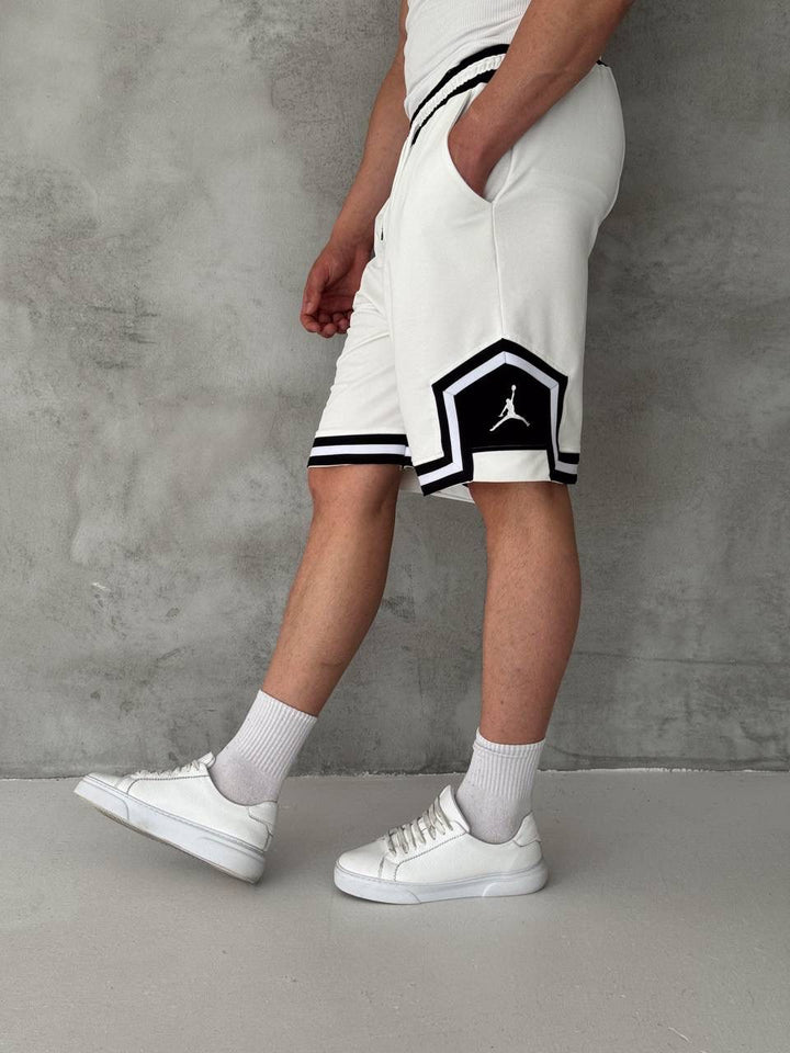 White Basketball Shorts – Black Geometric Trim