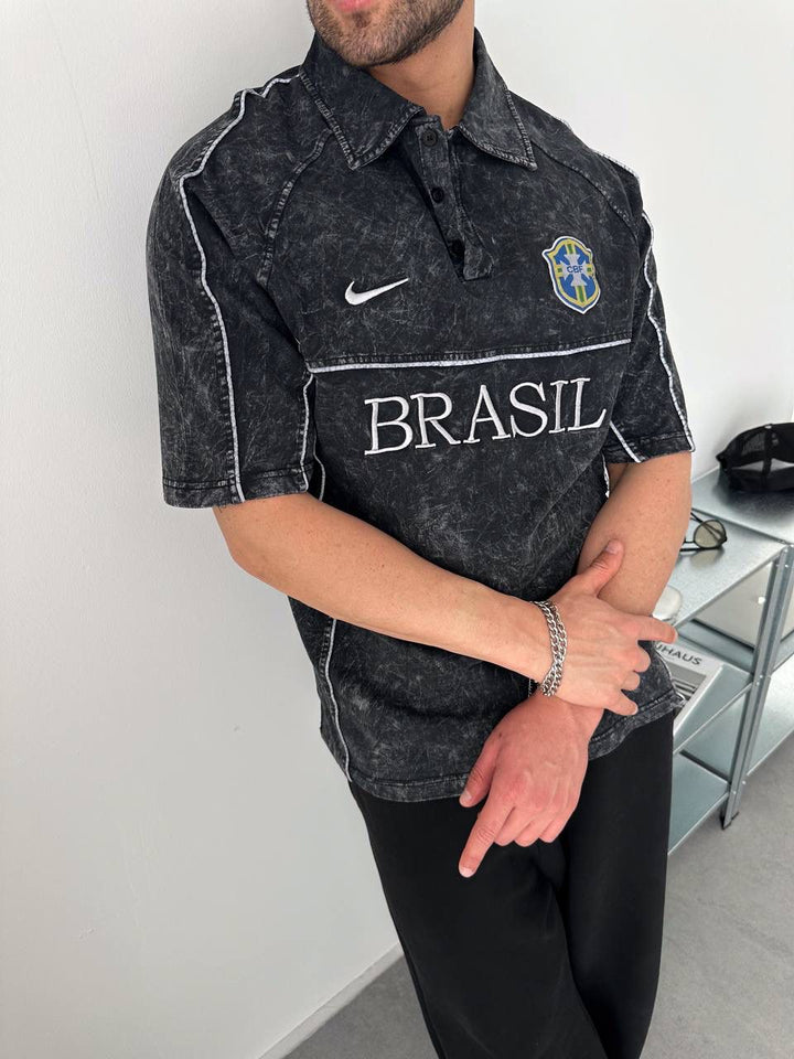 Brazil Acid Wash Polo Jersey Shirt – Black