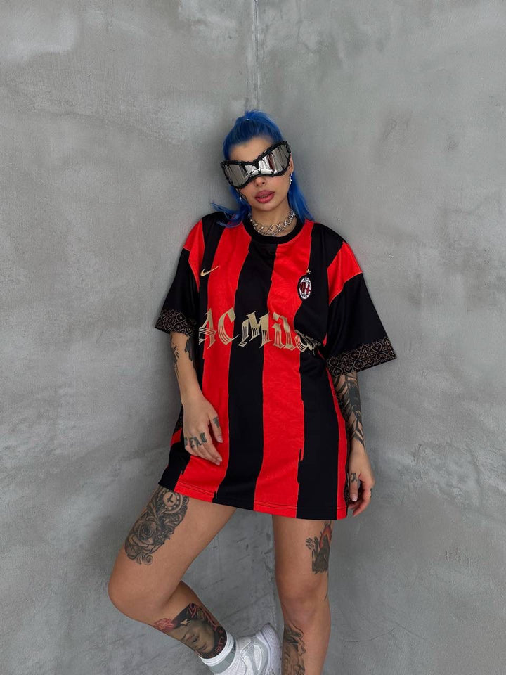 Milan Inspired 80 Oversized Striped Jersey Tee Red Black Gold