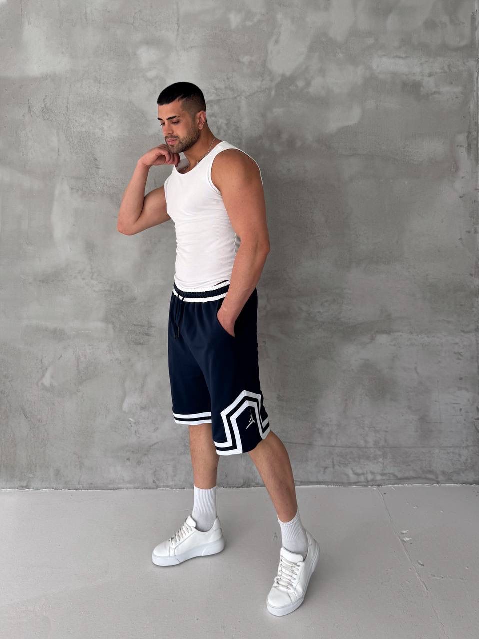Navy Basketball Shorts – White Geometric Trim