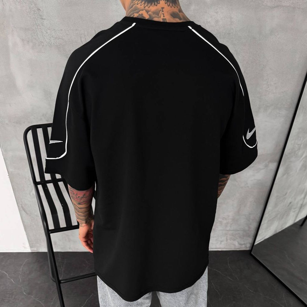 Men’s  Oversized Black T-Shirt with White Piping