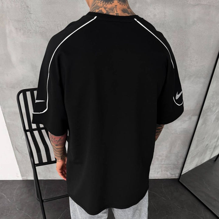 Men’s  Oversized Black T-Shirt with White Piping