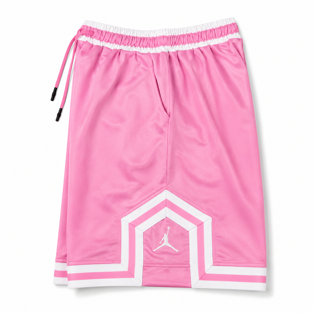 Pink Basketball Shorts – White Geometric Trim