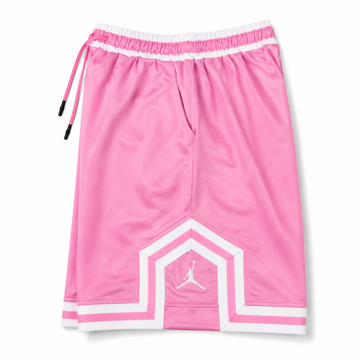 Pink Basketball Shorts – White Geometric Trim