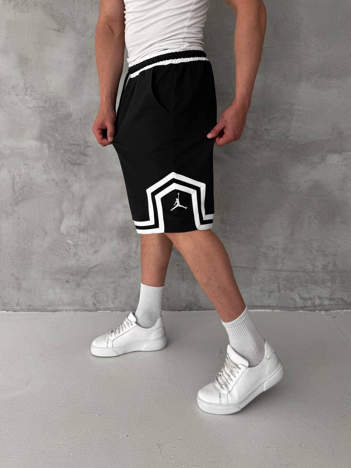 Black Basketball Shorts – White Geometric Trim
