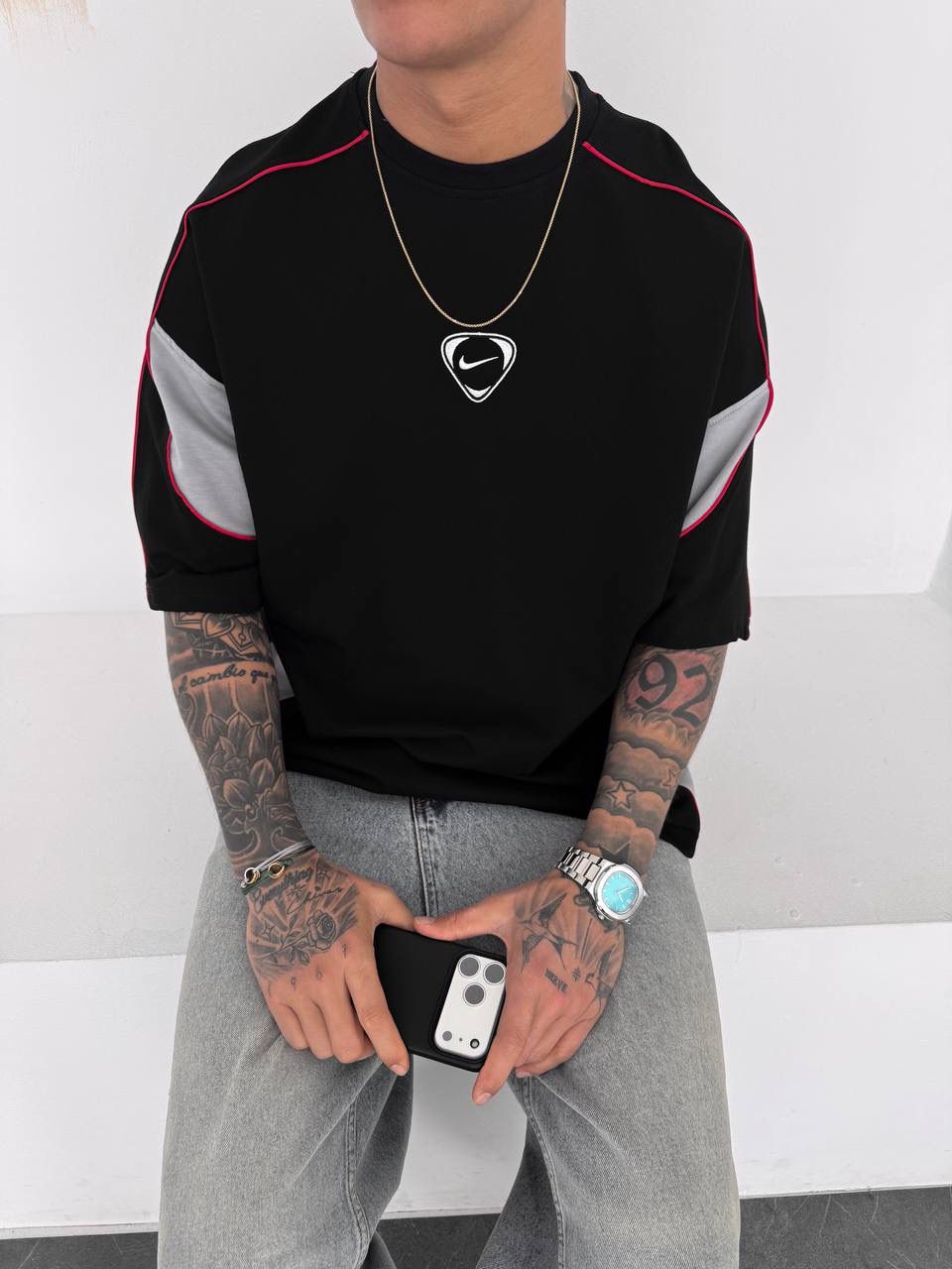 Men’s Oversized Black  T-Shirt with Grey Panels and Red Piping