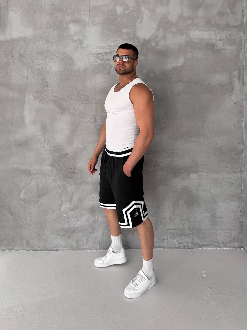 Black Basketball Shorts – White Geometric Trim