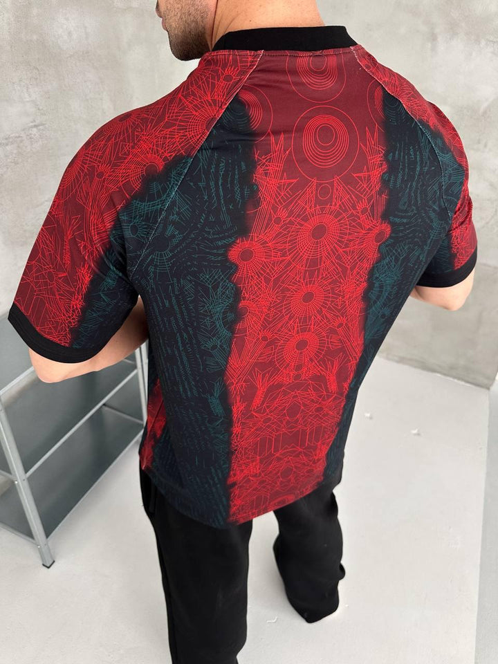 BRC Inspired Oversized Geo Print Jersey Tee Red Teal Gold