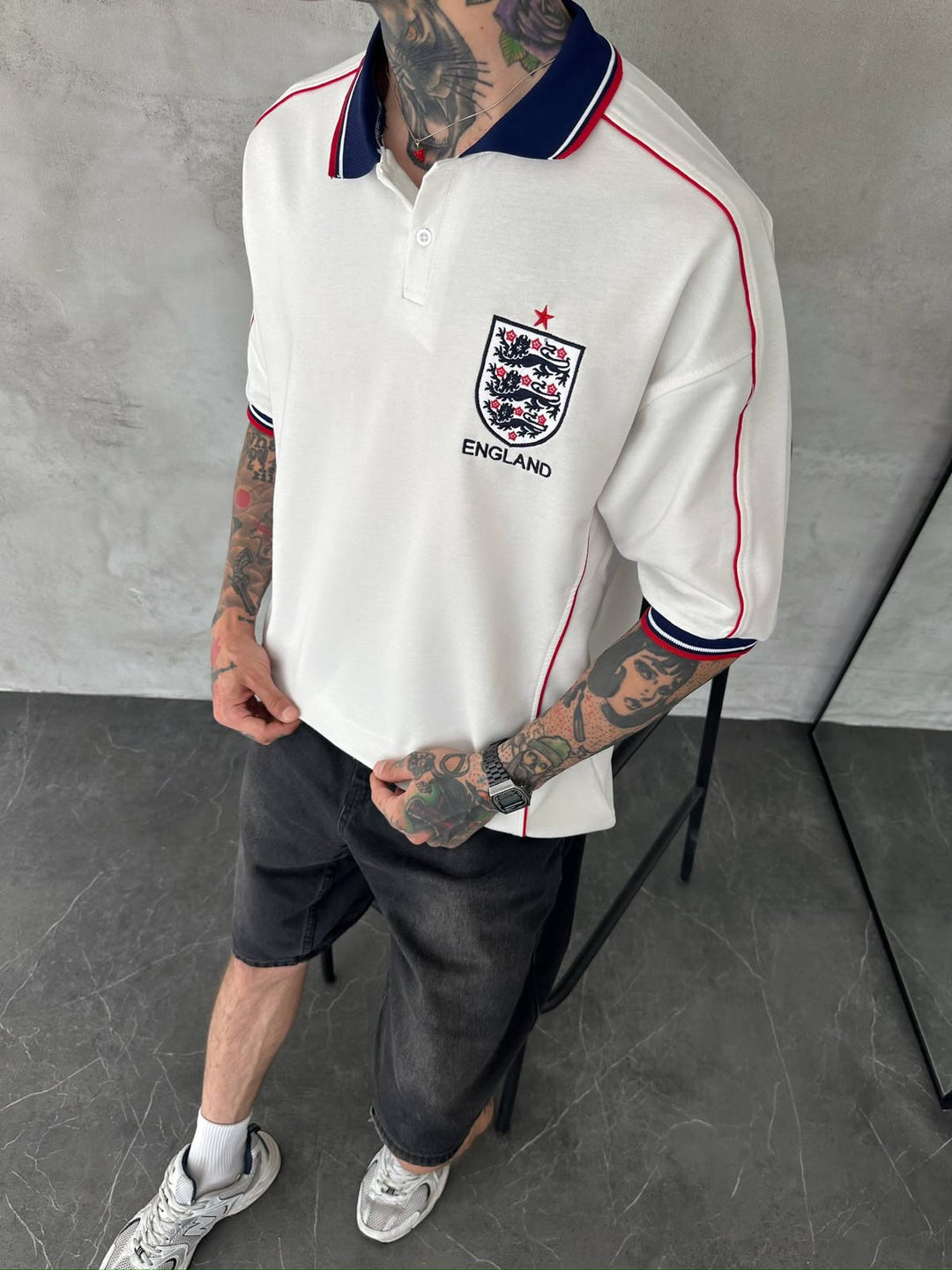 Men’s England-Inspired Retro Football Polo Shirt – White/Navy