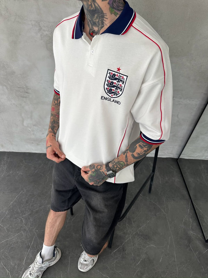 Men’s England-Inspired Retro Football Polo Shirt – White/Navy