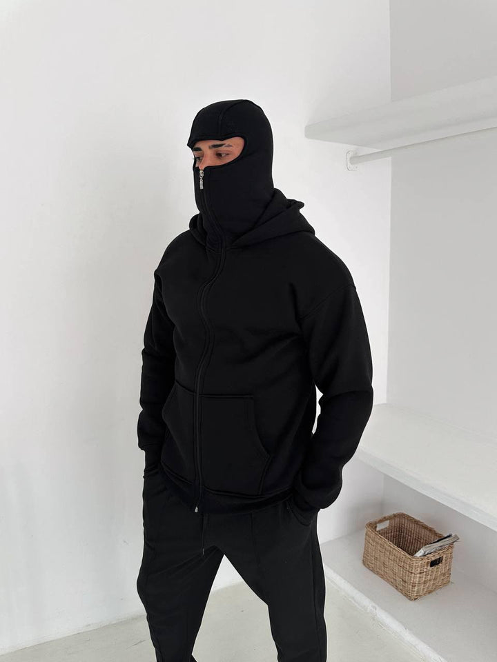 Full-Zip Hoodie with Built-In Mask – Black
