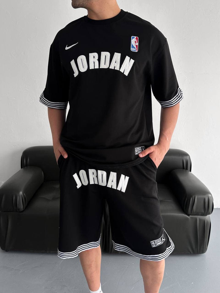 Black Basketball Jersey Tee &amp; Shorts Set – White Stripe Trim