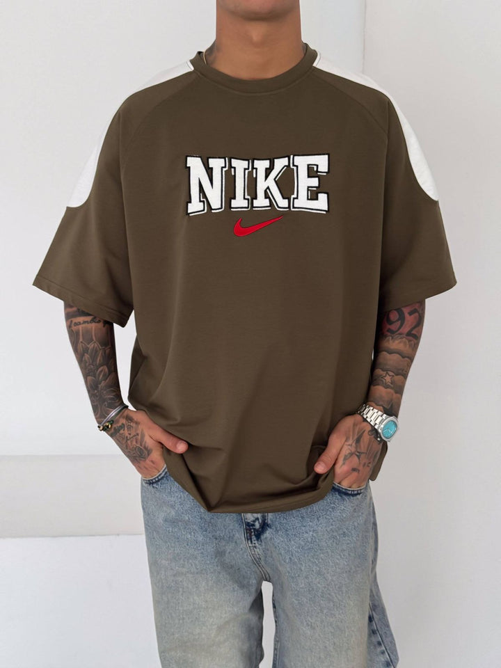 Men’s Oversized Olive Graphic T-Shirt with White Shoulder Panels