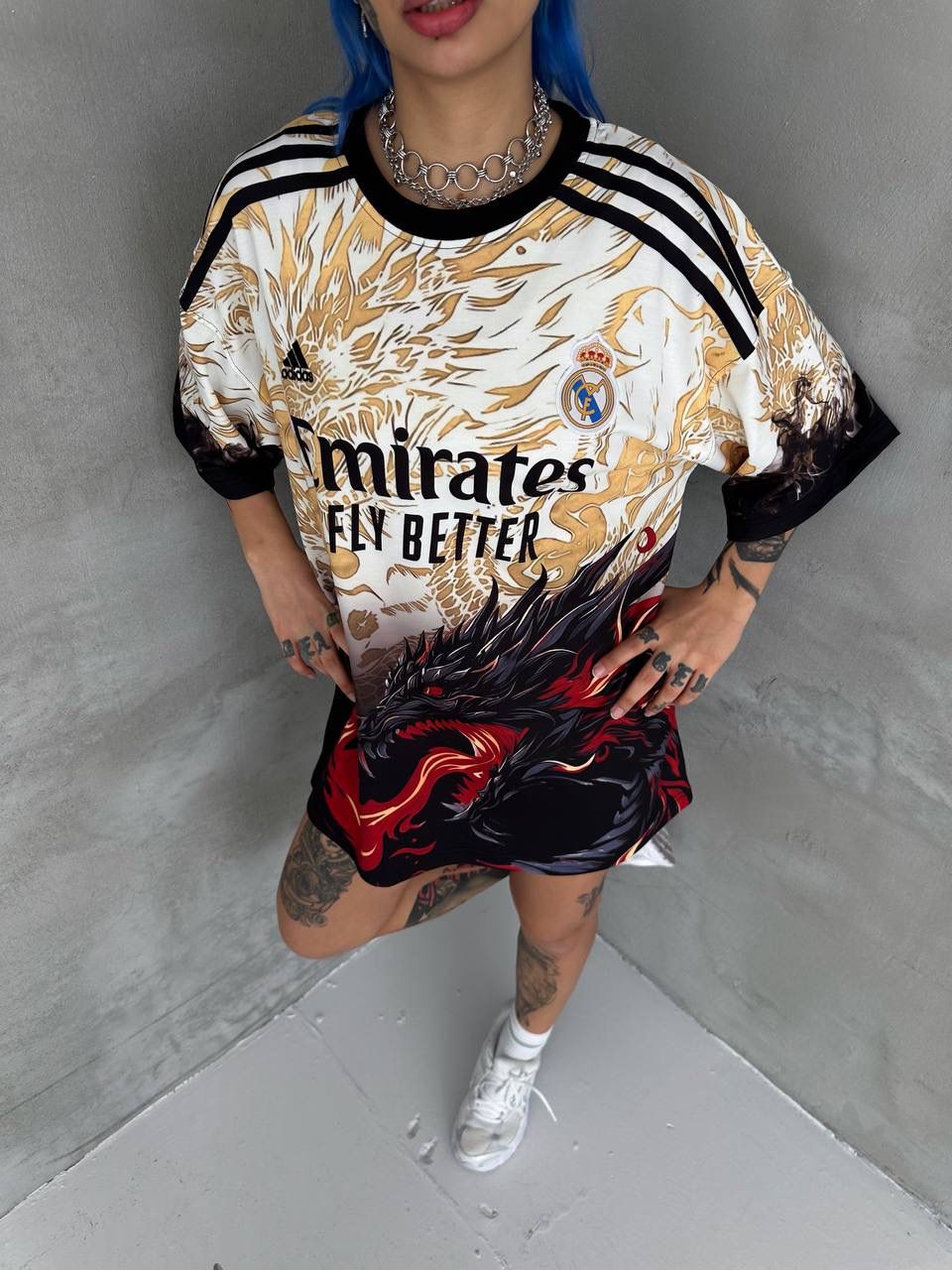 RM-Inspired Dragon Graphic Oversized Jersey Tee – White/Gold
