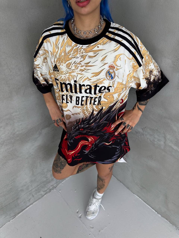 RM-Inspired Dragon Graphic Oversized Jersey Tee – White/Gold