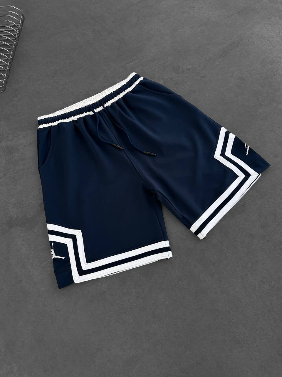 Navy Basketball Shorts – White Geometric Trim