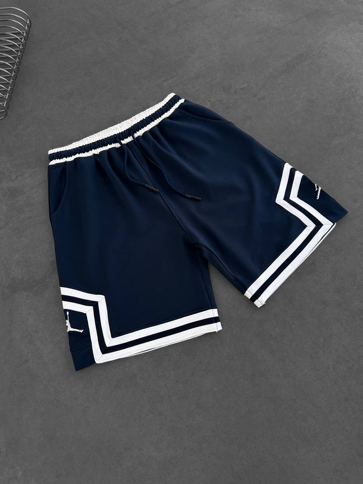 Navy Basketball Shorts – White Geometric Trim