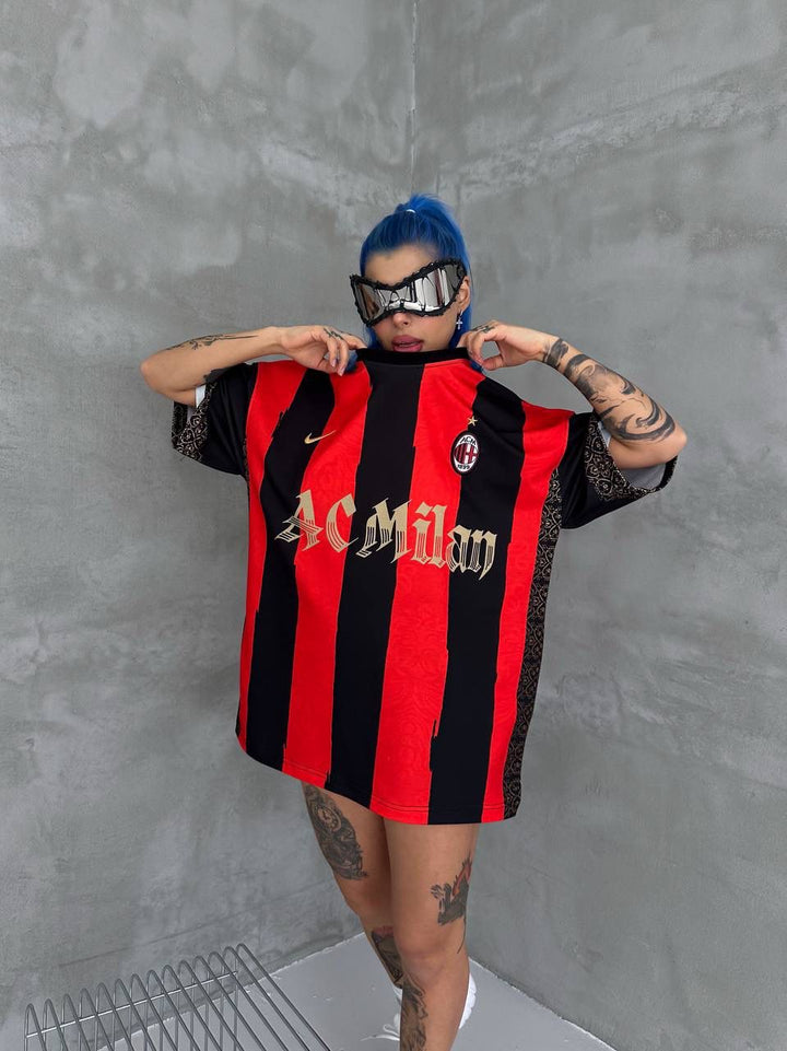 Milan Inspired 80 Oversized Striped Jersey Tee Red Black Gold