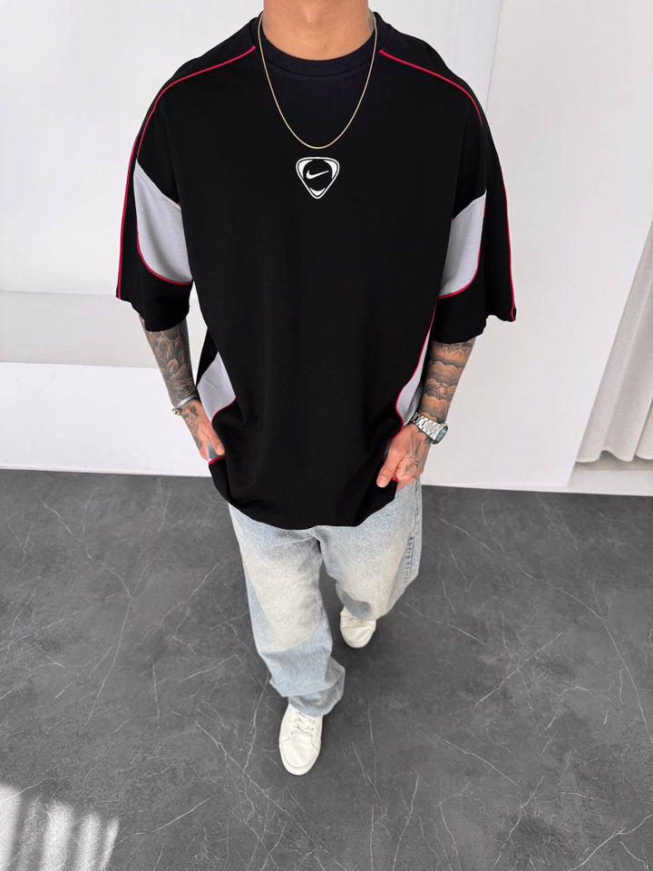 Men’s Oversized Black  T-Shirt with Grey Panels and Red Piping