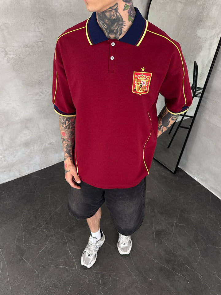 Men’s Spain-Inspired Retro Football Polo Shirt – Burgundy/Navy